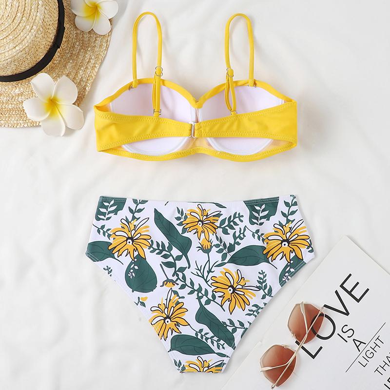 Two-Piece Swimsuit Women Underwire Padded Push-Up Split Bikini Solid Color Bra Floral Print High Waist Bottoms Swimsuit