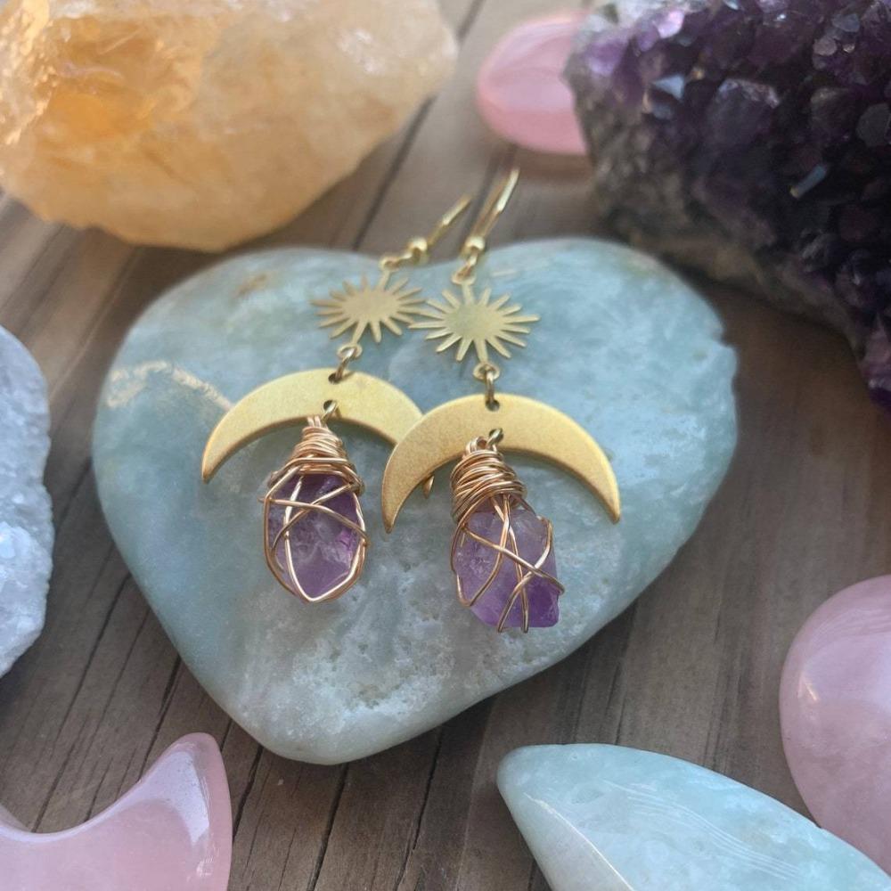 Bohemia Gold Color Sun Crescent Moon Irregular Purple Crystal Dangle Earrings Necklace for Women Charm Jewelry Accessory Gifts