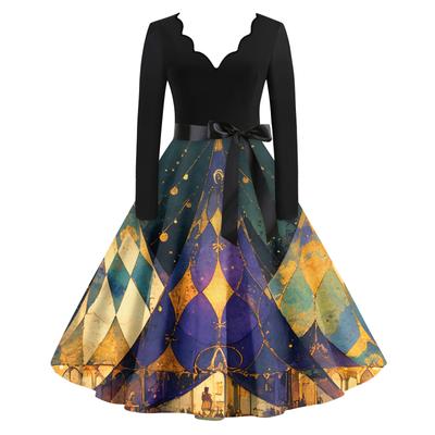 Women's Casual Fashion V Neck Long Sleeve Printed Vintage Long Dress