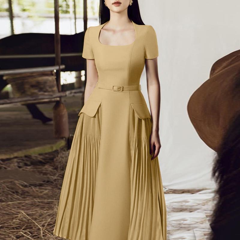 ZANZEA Women Square Collar Casual Short Sleeve Elegant Long Dress