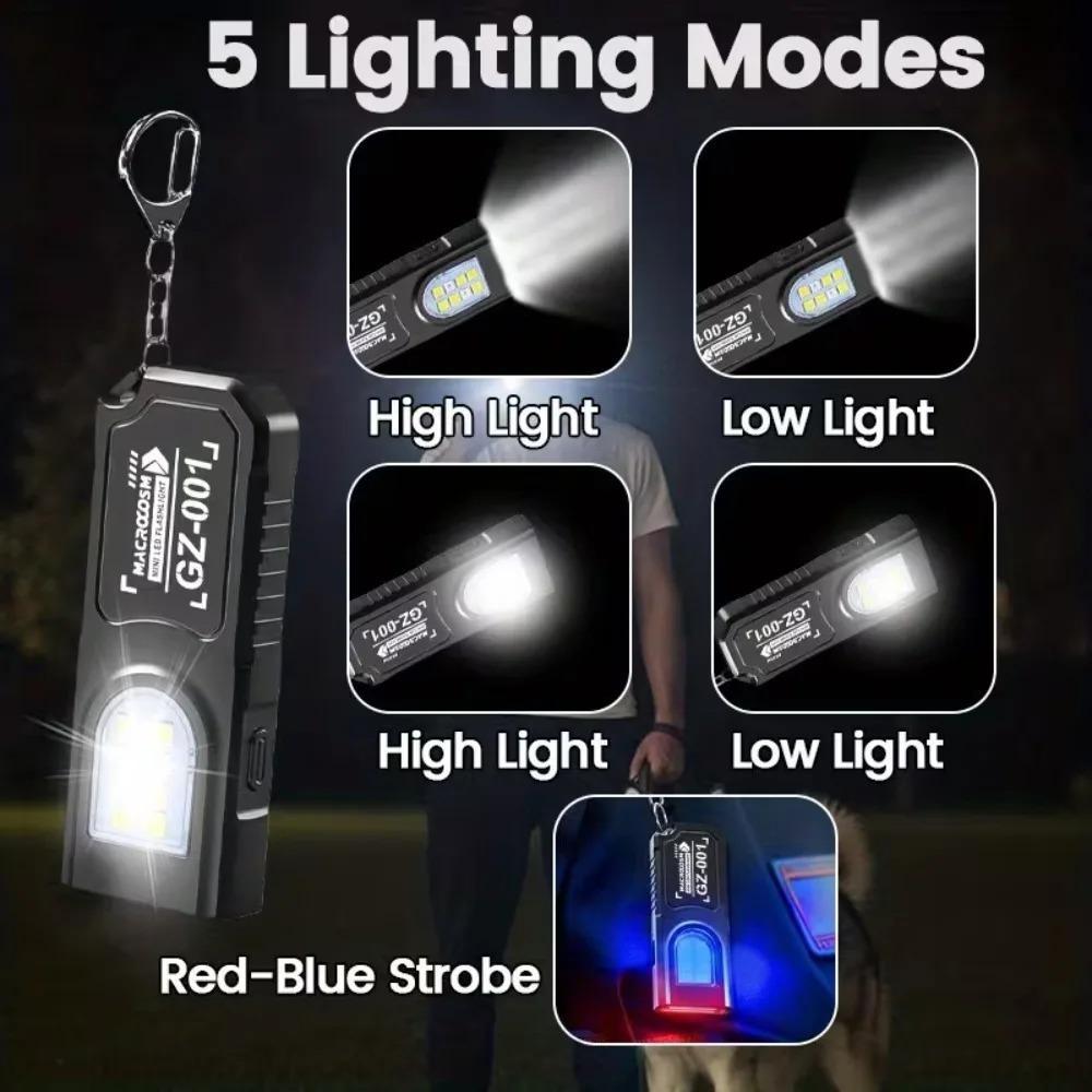 Mini Flashlight Keychain USB Rechargeable Pocket Light with COB Work Area Light for Camping Hiking Dog Walking Emergency Repair Key Ring