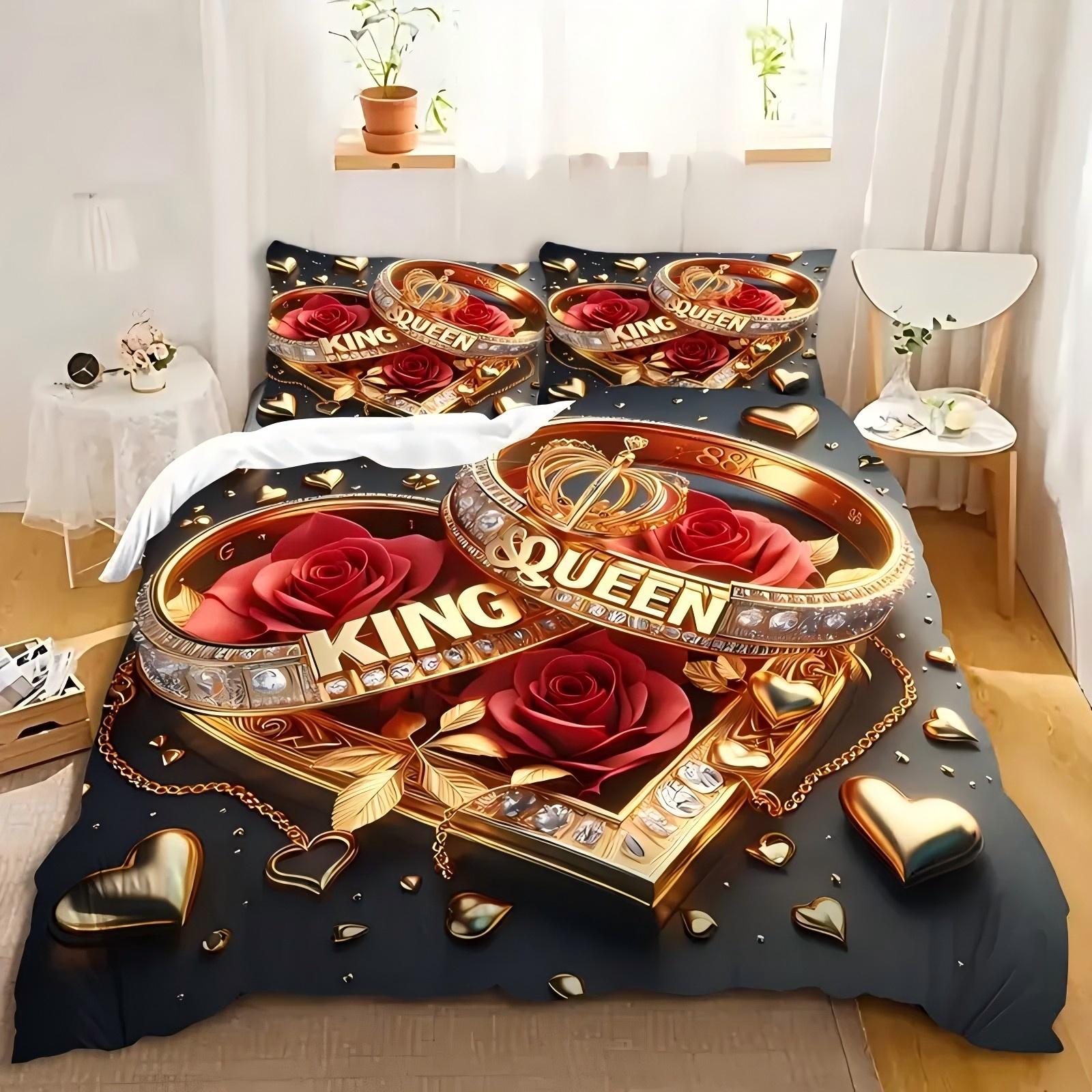 

Couple S Ring Roses Pattern 3D Printed Duvet Cover Set Simple Luxury Style Bedding Set Soft Comfortable Quilt Cover Pillowcase 135x200cm 2pcs