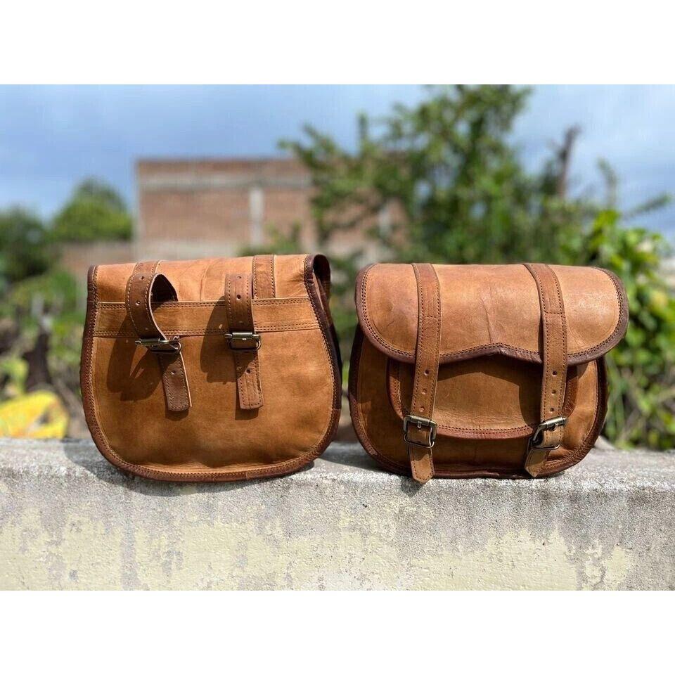 New Stock All Motorcycle Side Pouch Brown Leather 2 Side Saddle Panniers 2 Bags