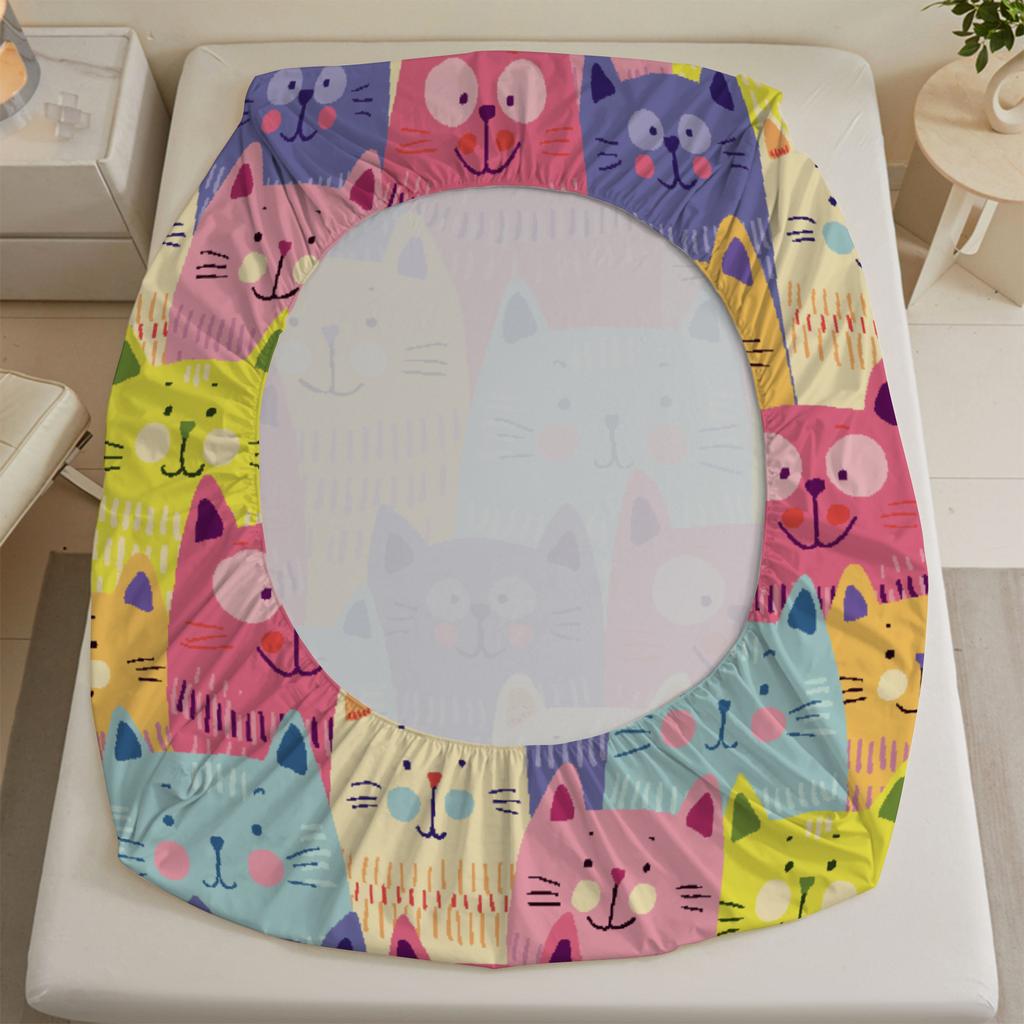 3pcs Colorful Cats Fitted Sheet Cartoon Cat Pattern 3D Print Gifts For Students Girls 100% Polyester Flat Sheet With Pillowcases