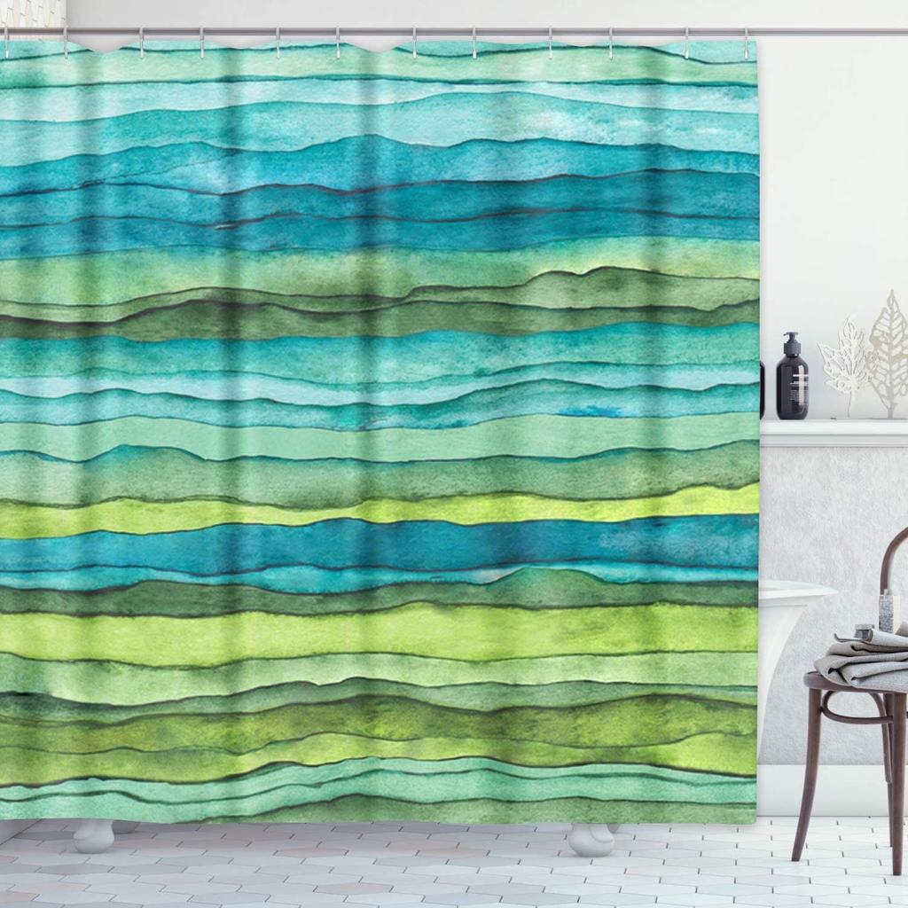 Shower Curtain Abstract Bright Blue and Green Waves Stripped Watercolor Brush Drawn Waterproof Polyester Fabric Set with