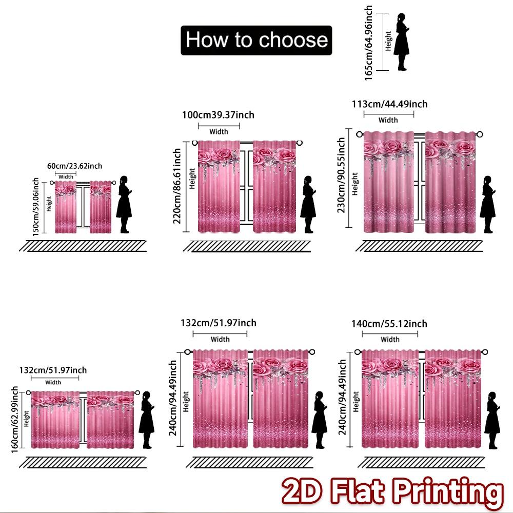 2D flat printing 2pcs Curtain Window Curtains Birthday Pink Roses Sparkle Digital Printed Polyester Drapes Party Decorations Use