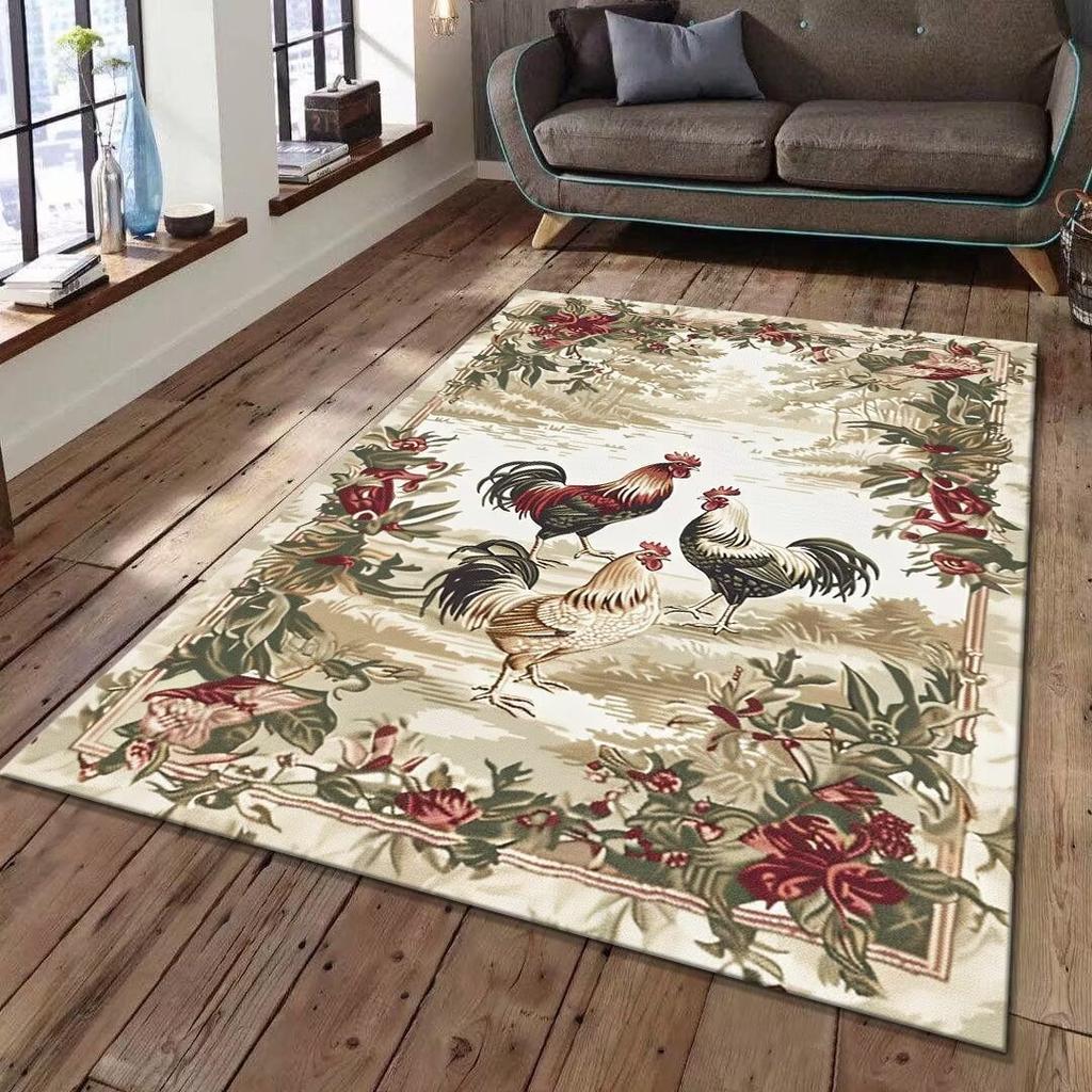Vintage Rooster Floral Area Rug Collection Retro Farmhouse Style Pattern Floor Mat For Living Room Country Home Decor