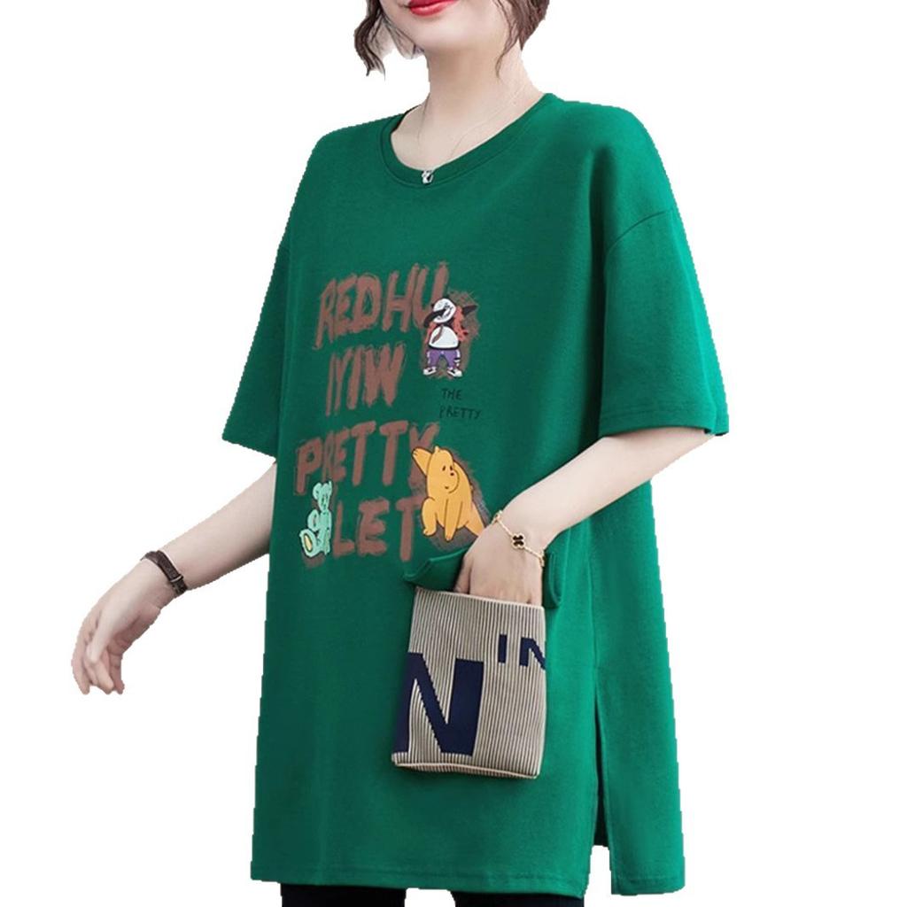 New Summer Women's T-shirt Short-sleeve Cotton Mid-Length Pocket Loose Slim Shirt Split Round Neck Cartoon Letter Printed Tops