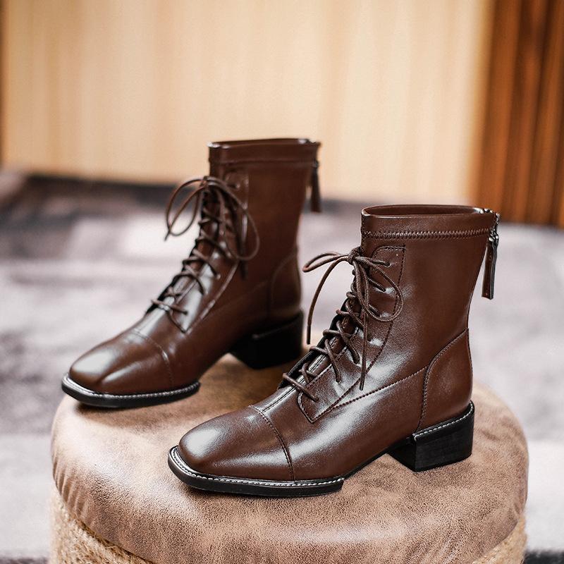 Brown Martin boots women's style lace-up square head medium heel new women's boots fashion medium tube thick heel short boots
