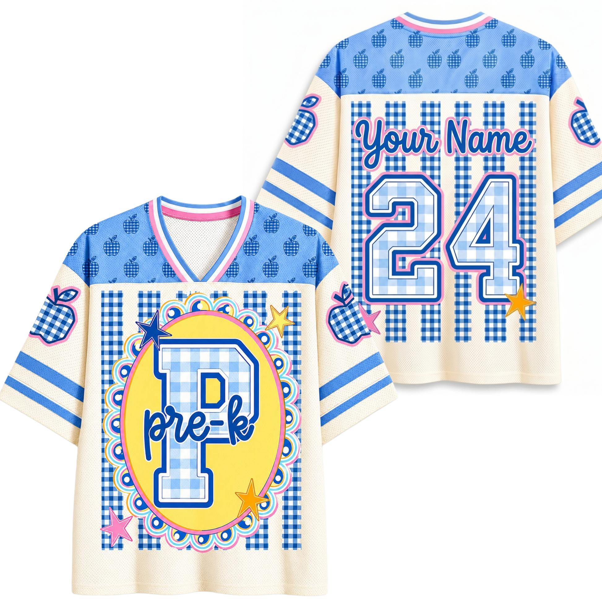 Kids Apple Plaid Star Number 04 Print V Neck Mesh Football Jersey Blue White Strip Cuff Back To School Casual Sports Top S