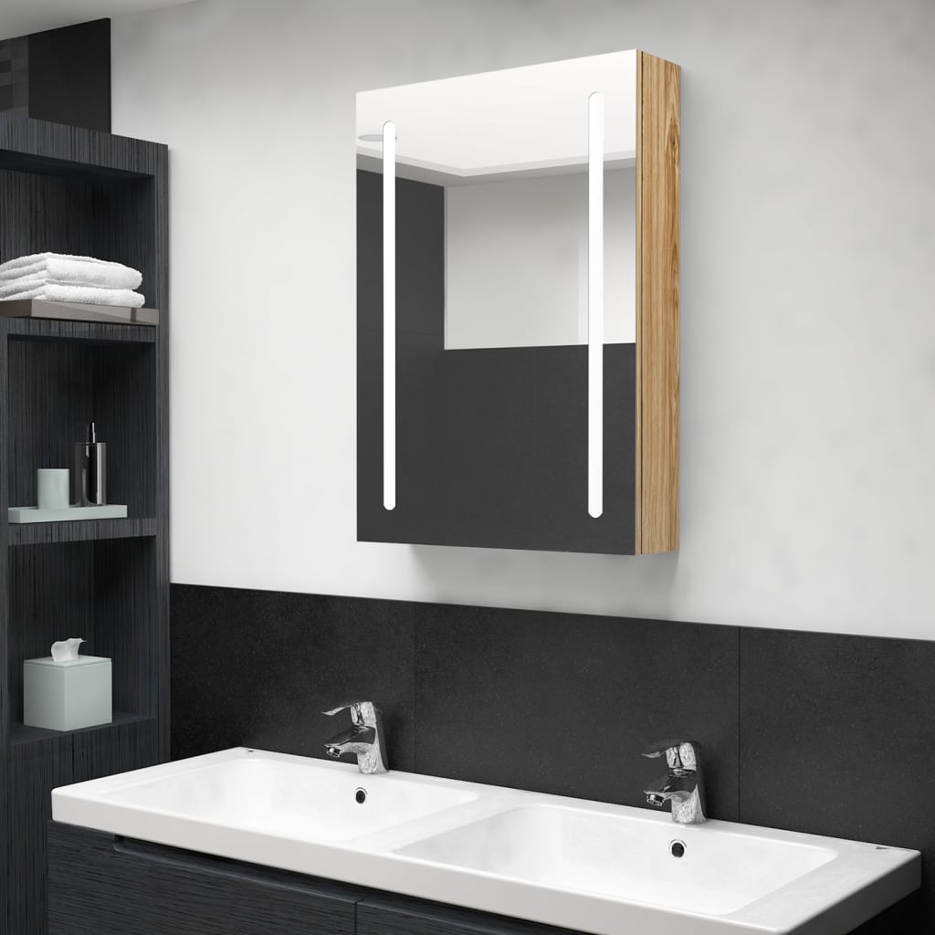 LED Bathroom Mirror Cabinet In Oak Look 50 X 13 X 70 Cm