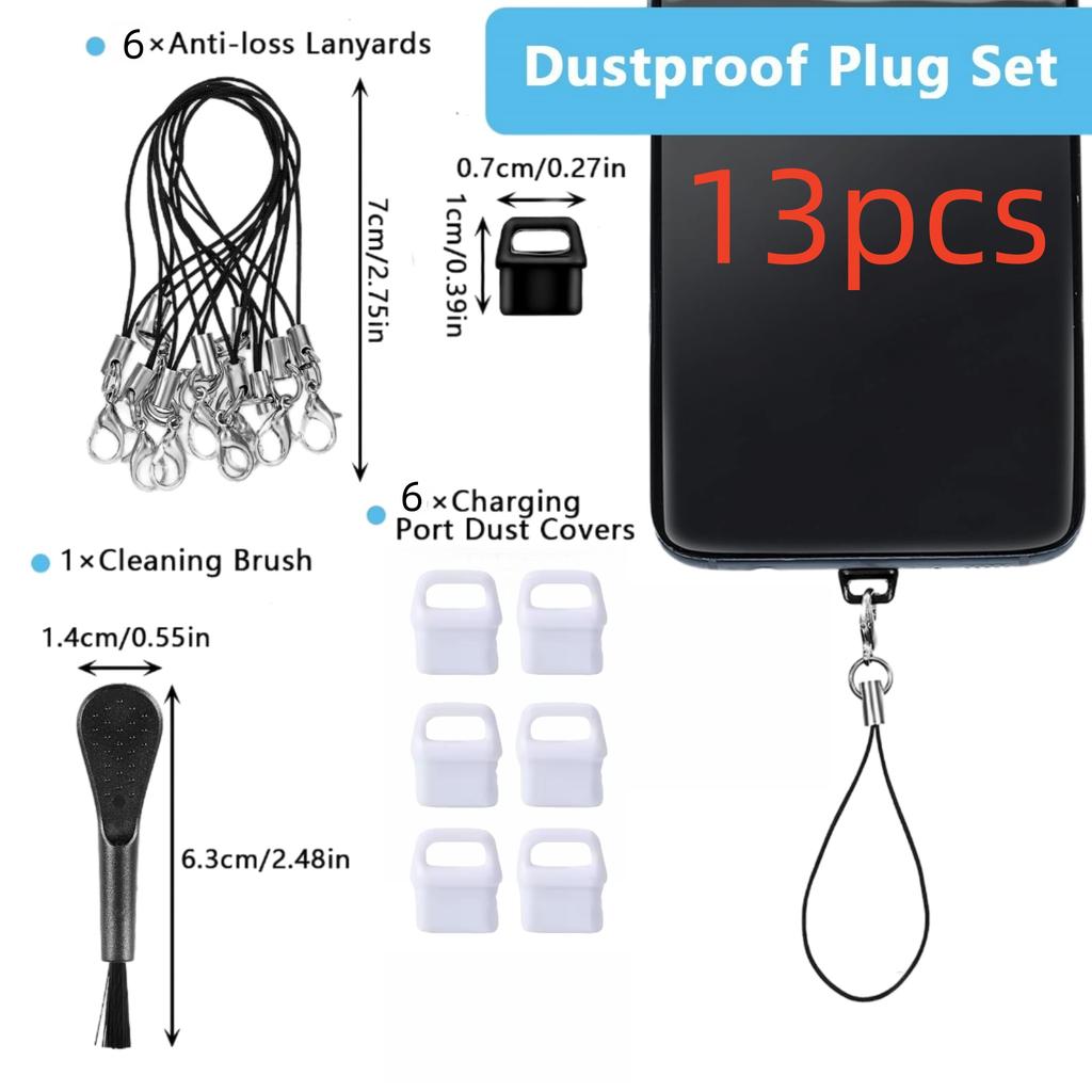 13-Piece Type-C Phone Earphone Universal Dust Plug Set, Phone Usb-C Dust Cover, Comes with 6 Lanyards and 1 Cleaning Brush, Daily Care Kit for Phones