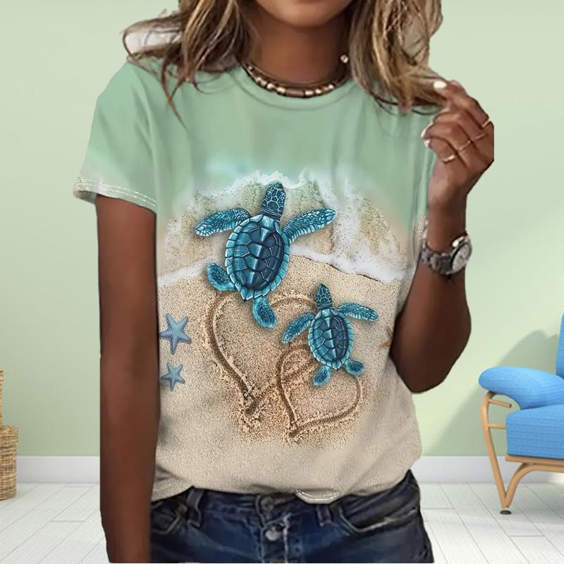 Fashion Womensea Turtle Print T Shirt Funny Casual O-neck Short Sleeves T-shirt Summer Female Tee Shirt