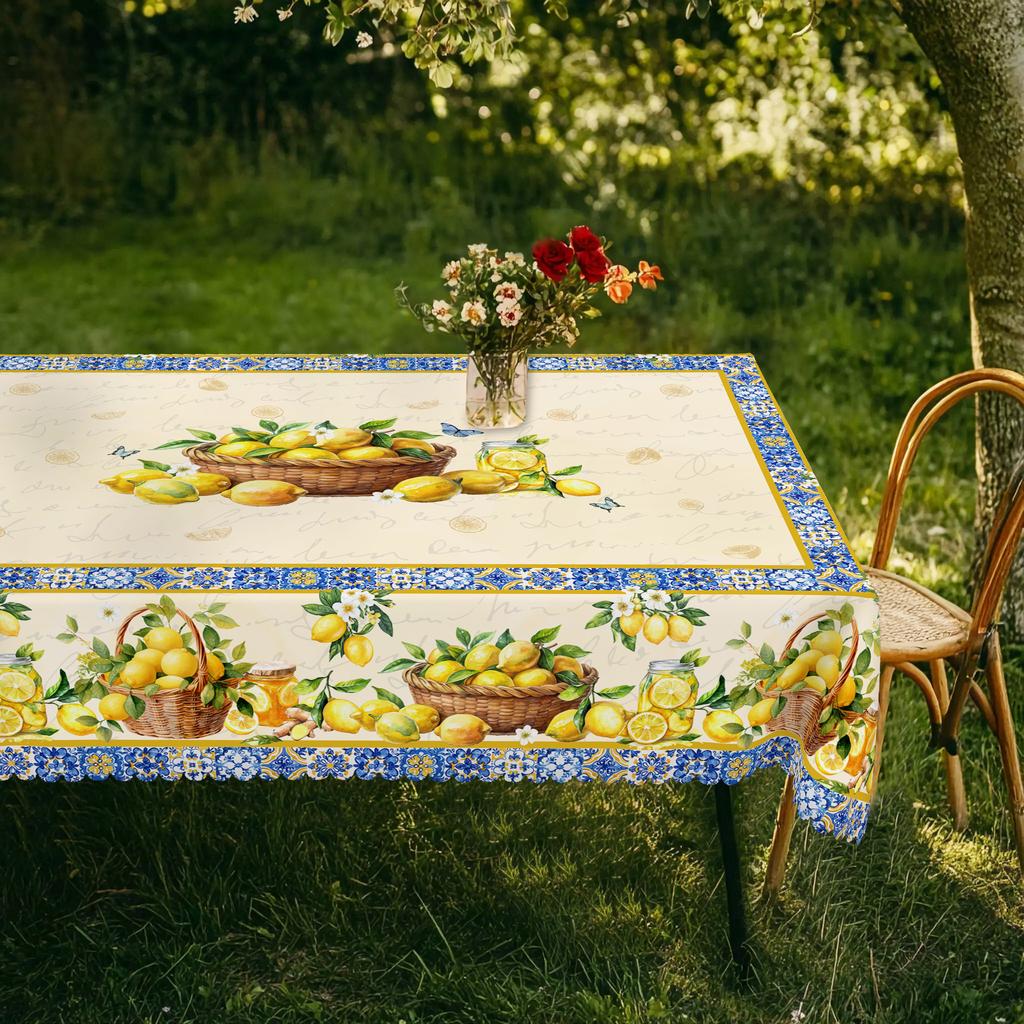 1 Piece Of Spring And Summer Flower-Themed Round And Rectangular Tablecloths, Available In Various Sizes, Retro Lemon Flower Pattern Printing Design,