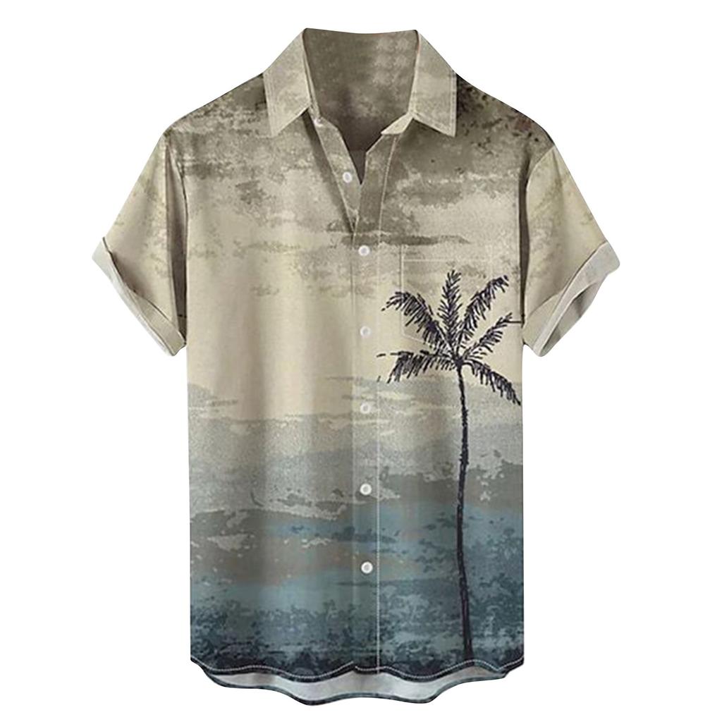 Cămăși pentru bărbați cu mânecă scurtă cu imprimeu hawaian cu buzunar cu rever