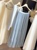 Women's 2026 Spring/Summer High Waist Slimming A-line Pleated Mesh Skirt, Mid-length, Solid Color