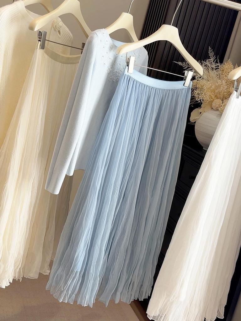 Women's 2026 Spring/Summer High Waist Slimming A-line Pleated Mesh Skirt, Mid-length, Solid Color
