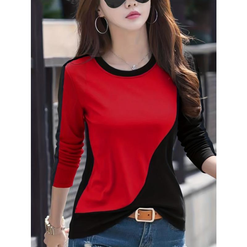 Spring/Autumn Women's Fashion Casual Color Block Patchwork Long-Sleeve T-Shirt