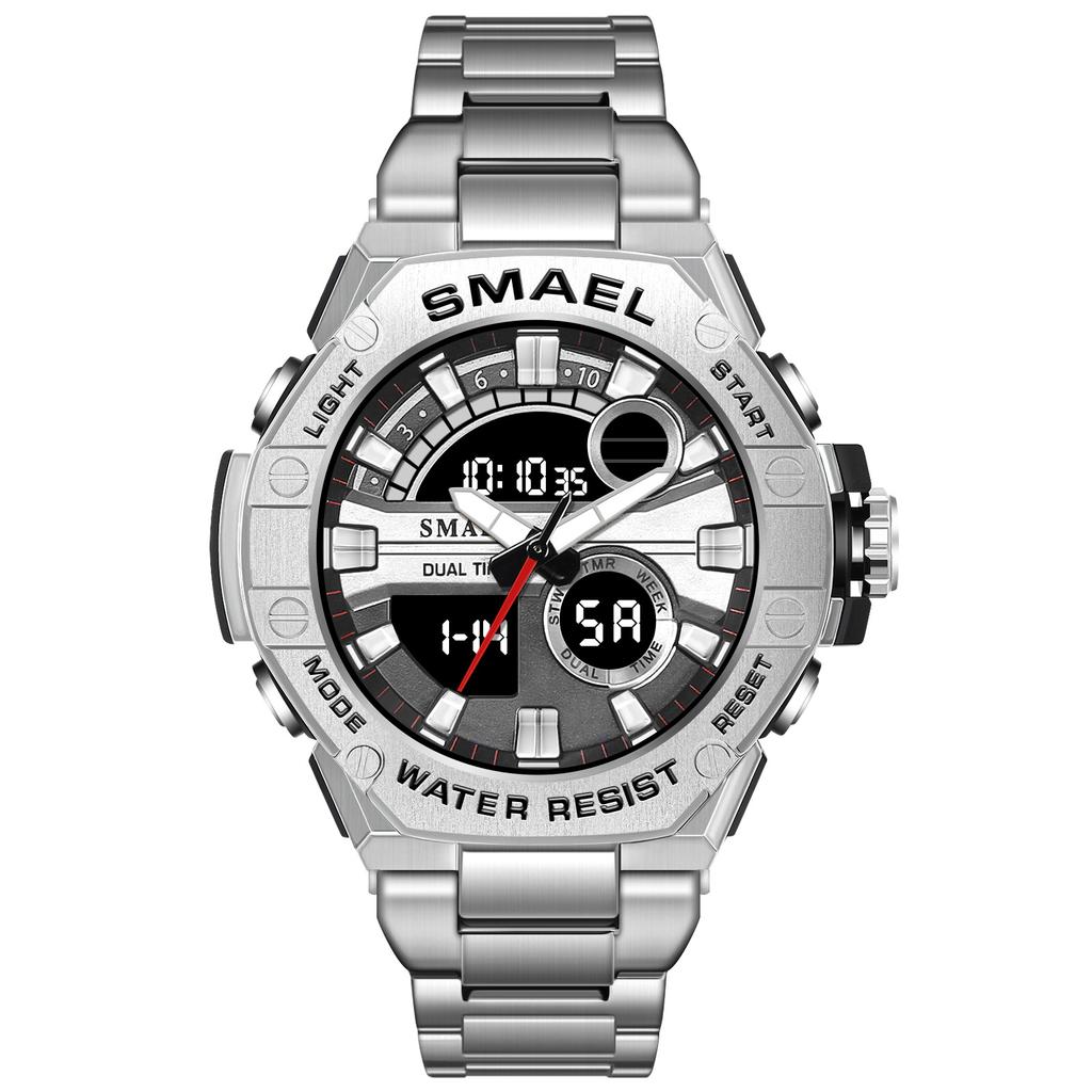 SMAEL 8090 alloy steel strip dual display electronic watch men's waterproof alarm clock multifunctional