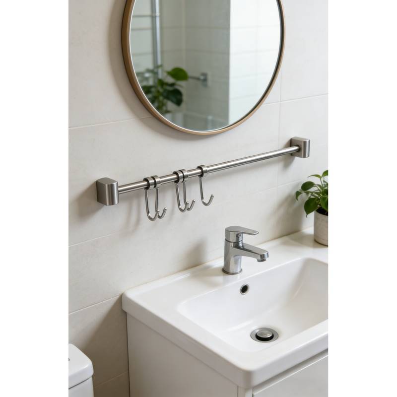 Heavy Duty Stainless Steel Wall Mount Rack With Double Layer Hooks For Kitchen Utensil And Pot Storage