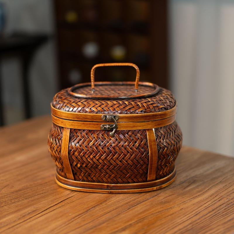 Tung Oil Lacquer Old Storage Retro Bamboo Woven Tea Set Storage Basket Bamboo Woven Basket Tea Set Box Bamboo Products