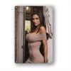 Retro Metal Tin Sign Woman In OffShoulder Taupe Bodycon Dress Vintage Indoor Portrait Wall Art Decor Xcm
