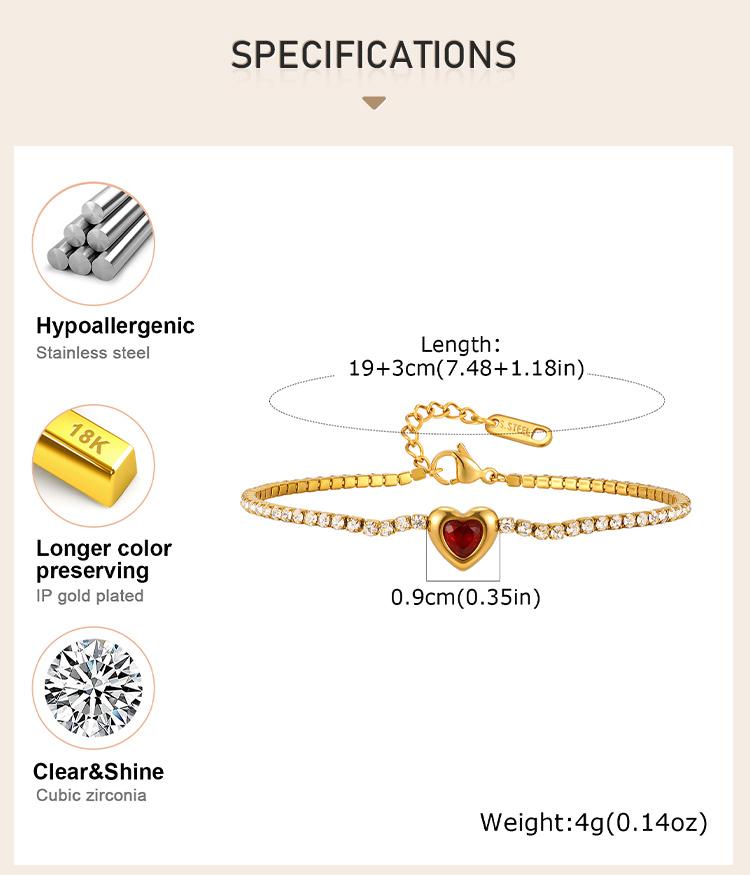 Edelstahl Tennis Kette Herzform Zirkonia Armband für Damen, Elegant 18K Gold Plated Verstellbar Wasserdicht Anlaufgeschützt