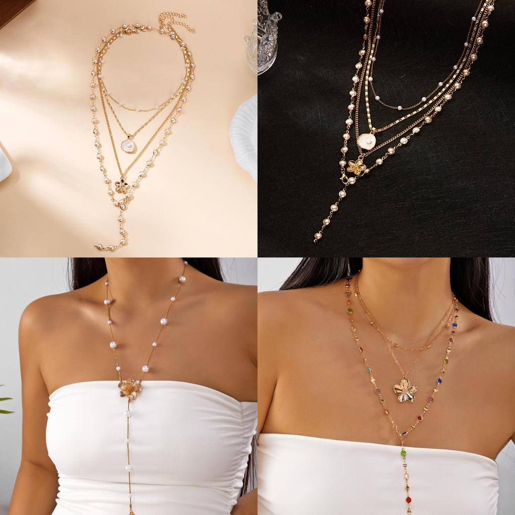 Fashion Flower Pendant Necklace For Women With Pearl Multilayer Chain Jewelry Gift For Teens