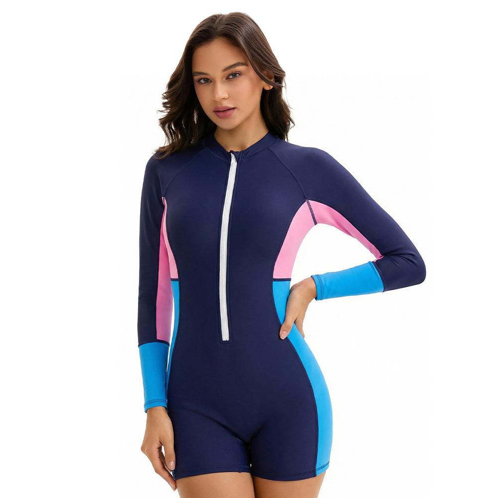 Long Sleeve Color Block Swimsuit Women's Conservative Sunscreen Surfsuit Boxer Tight Swimsuit