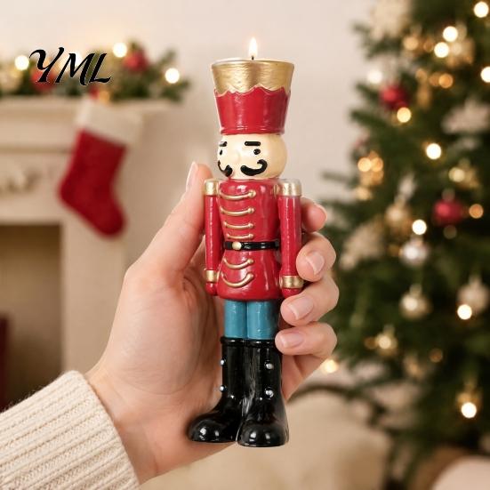 Christmas Gift for Kids Nutcracker Resin Candle Holder, Pastel Soldier Figurine Fireplace Decorations Desk Shelf, Festive Home Tabletop Decor, Holiday