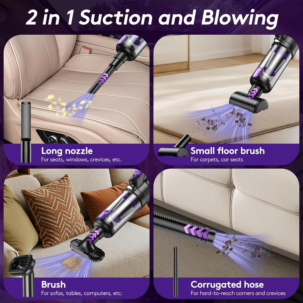 Portable Cordless Car Vacuum 20000Pa, 130W Brushless Motor with LED Light & 7800mAh Battery, Multi-Nozzles for Car, Home, Office