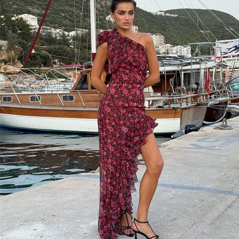 

Autumn new product elegant and fashionable one-shoulder waist sleeveless floral lotus leaf lace splicing split dress S красный