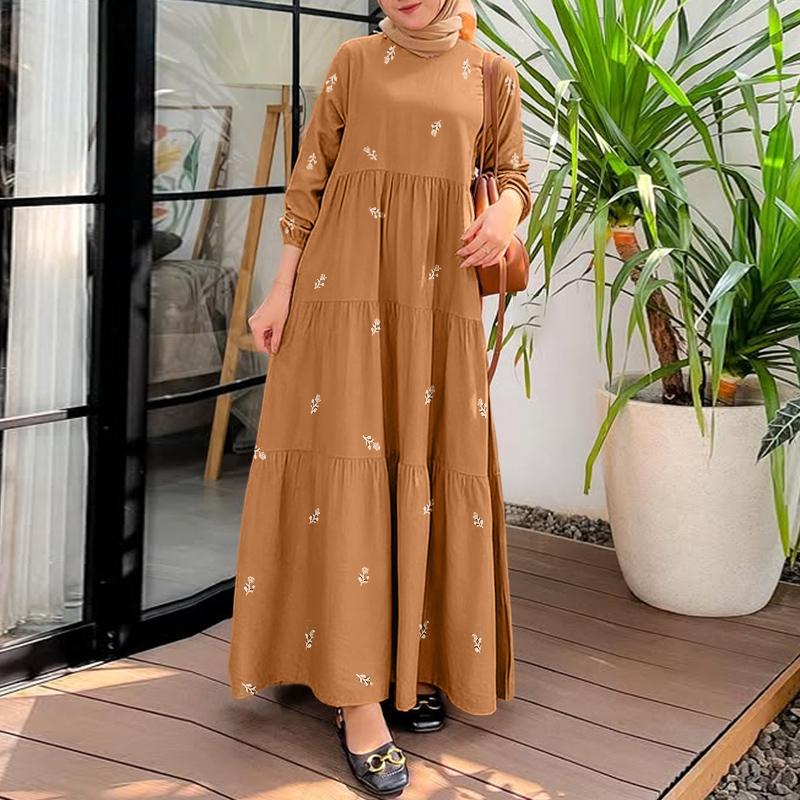 ZANZEA Women Casual Round Neck Long Sleeve Loose Elegant Print Long Dress S хаки