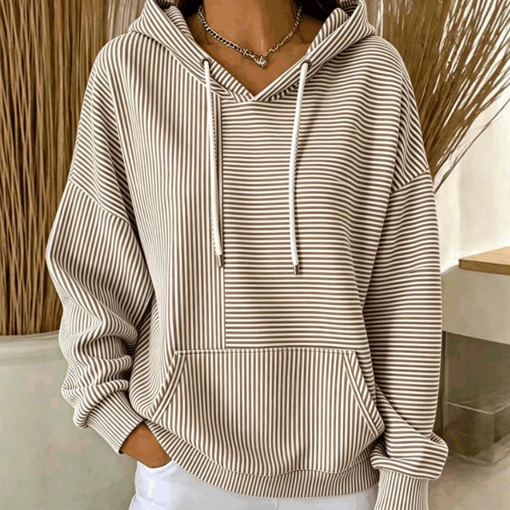 Women's V Neck Long Sleeve Striped Hoodie Casual Loose Pullover Sweatshirt for Daily Wear