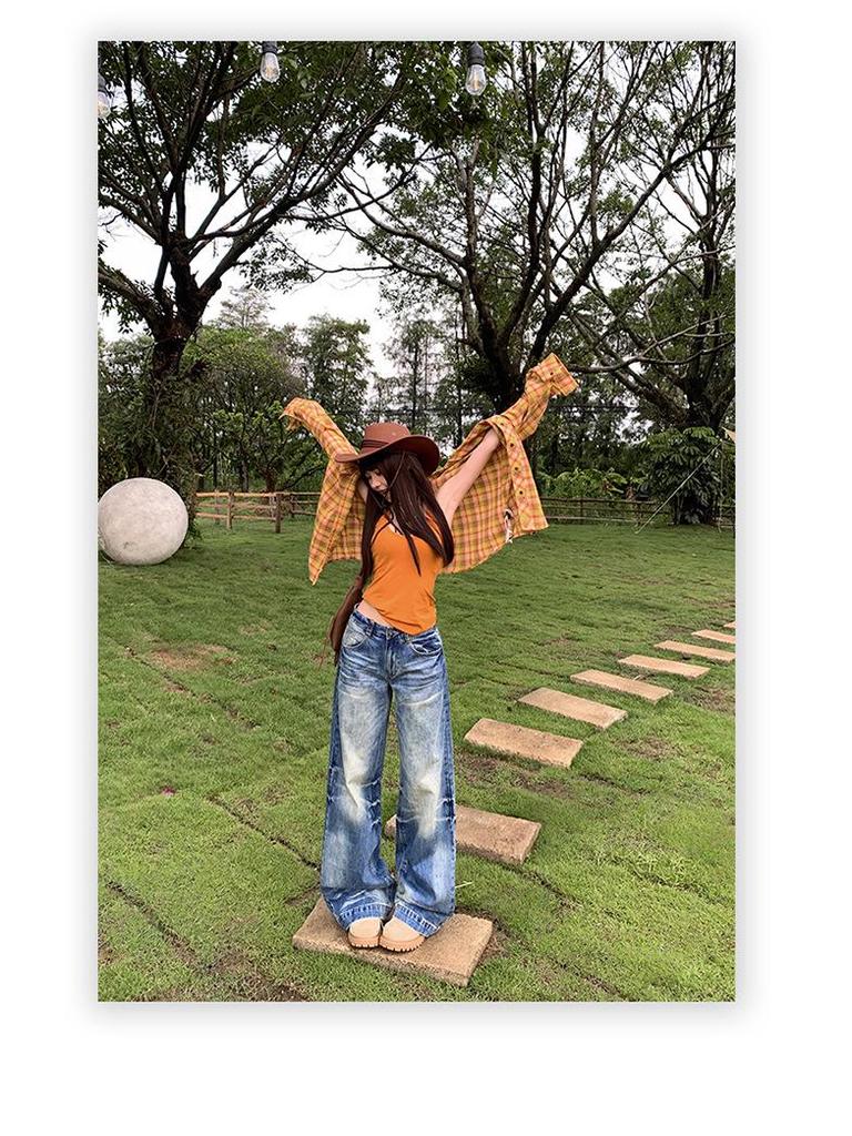 Women's Distressed Gradient Loose Wide-Leg Floor-Length Jeans 2025 Trend