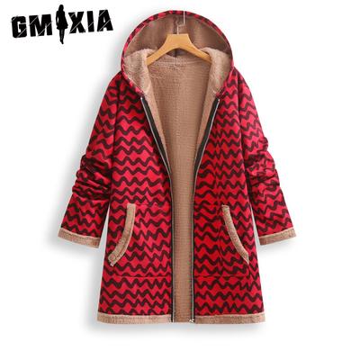 Women's Vintage Casual Wavy Print Autumn Winter Long Sleeve Cotton Hooded Jackets & Coats