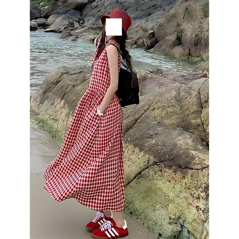 Red plaid sleeveless vest dress women's summer elegant new loose single-breasted lazy style dress
