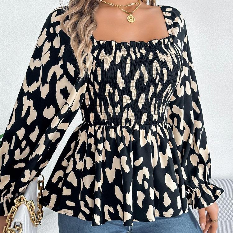 Women Long Sleeve Leopard Print Chiffon Blouse Streetwear Top Square Neck Tee Ladies T Shirt