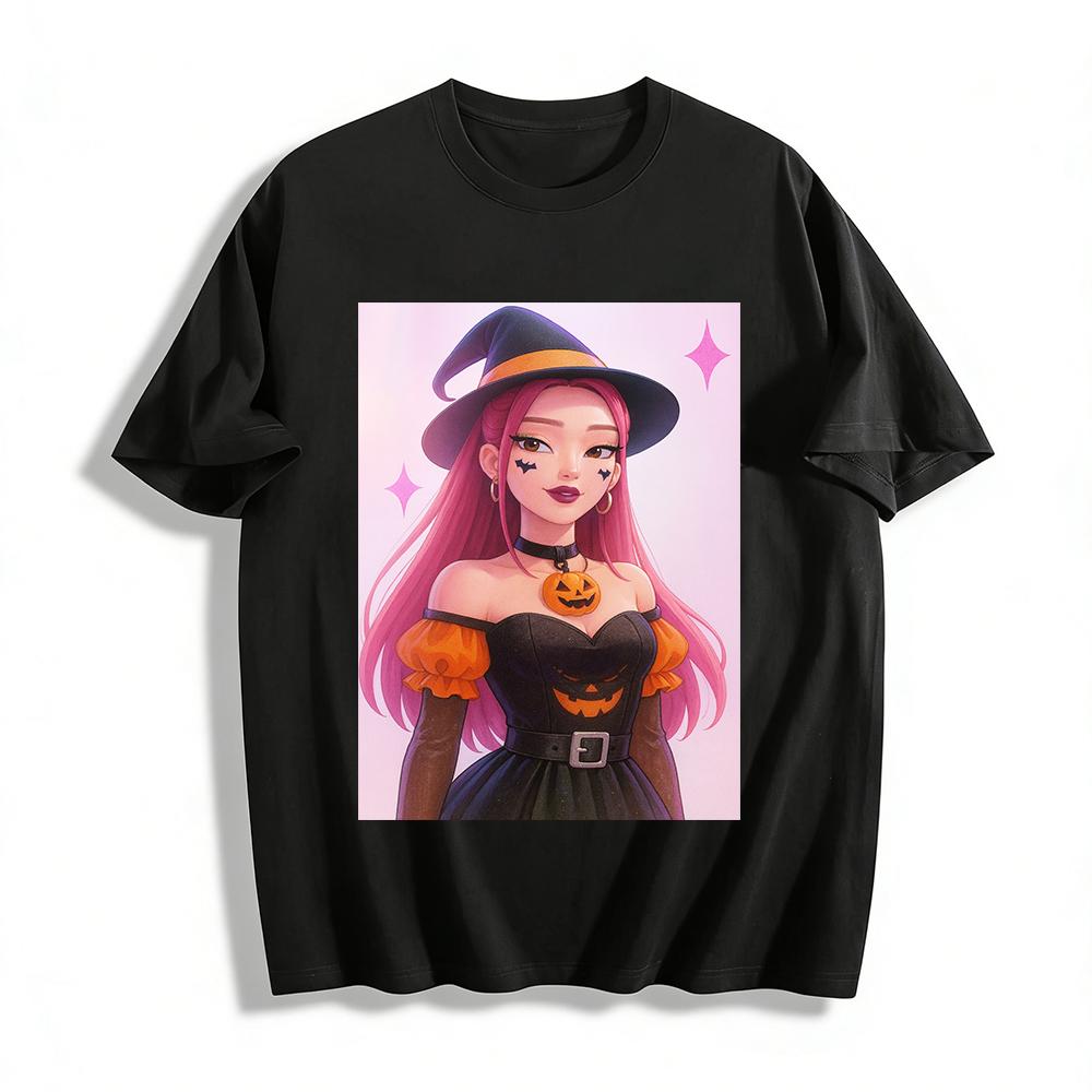 

Halloween Pumpkin Witch Print Off Shoulder Top Pink Hair Witch Element Festival Vibe Casual Wear Pure cotton T-shirt 6XL