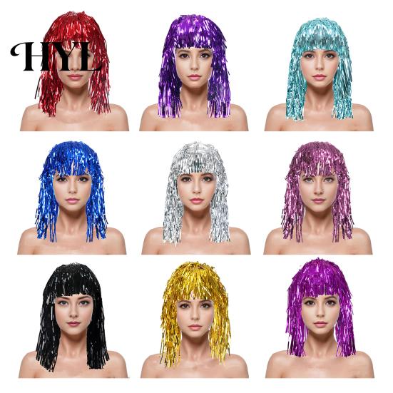 Party Accessory Foil Tinsel Wigs for Adults Fancy Dress Shiny Wig Glow Metallic Masquerade Disco Hat Photo Booth Prop Cosplay Supplies Long-Lasting