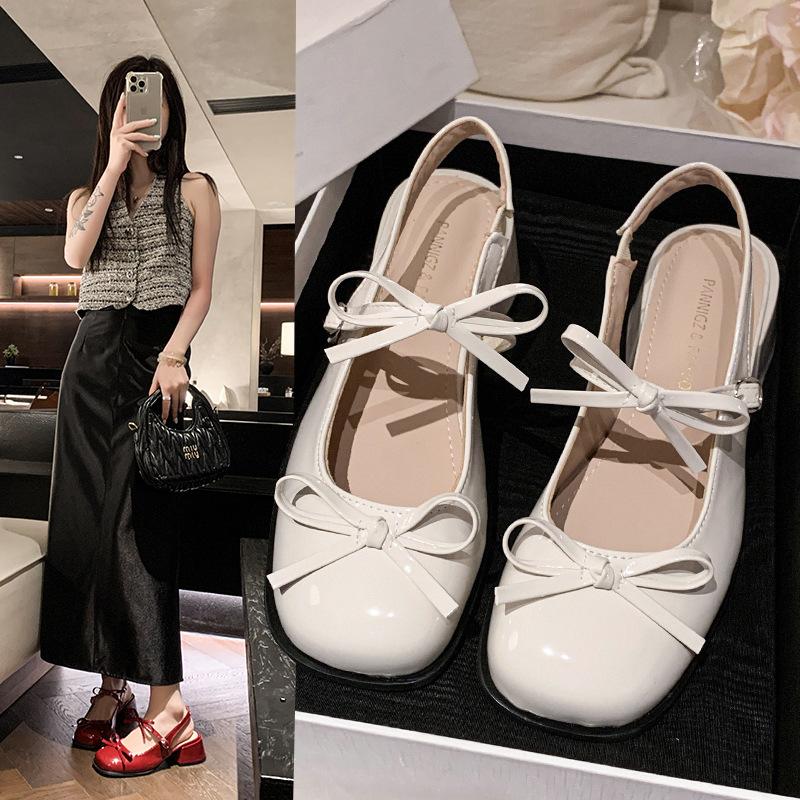 Fashion Hot Selling 2025 Block Heel Sandals  New Round Toe Shallow Mouth Bow One Strap Anti-slip Wear-resistant Wrapped Toe Kitten Heels