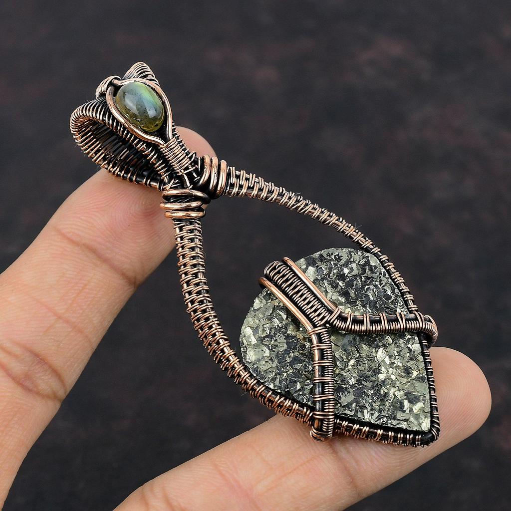 Golden Druzy Pendant Copper Wire Wrapped Gemstone Pendant Copper Jewelry Labradorite Pendant Wire Wrap Jewelry Gift For Mom Handmade Pendant
