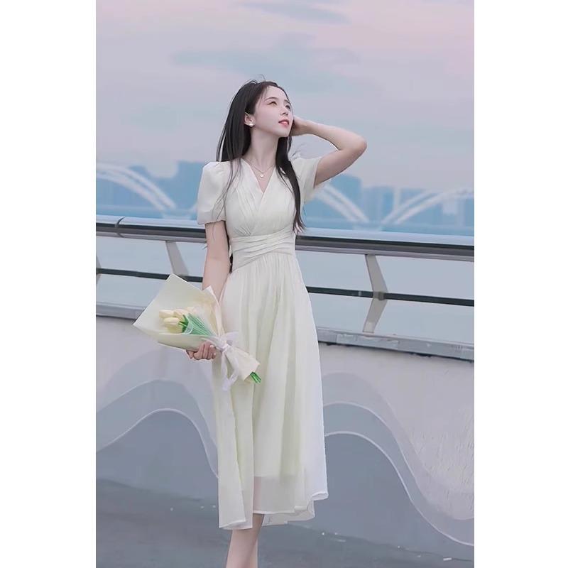 2026 Summer New Gentle Style Celebrity Temperament Waist Long Dress Summer Niche Short-sleeved Chiffon Fairy Dress