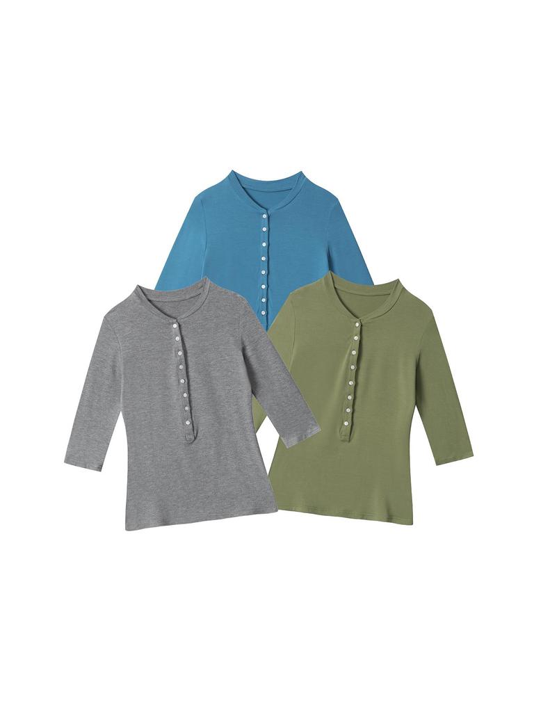 HeyHenry Damen Slim Fit Henley-Kragen 3/4 Ärmel Unifarbenes Oberteil