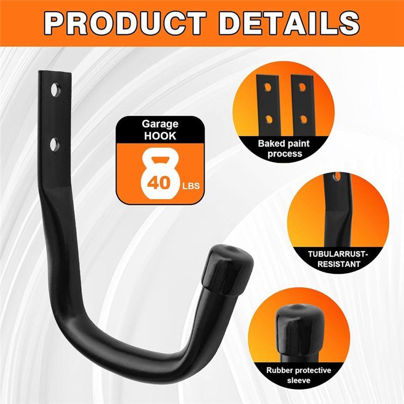 ABIY Heavy Duty Garage Wall Hooks Utility J Hooks For Hanging Ladders, Bikes Power Tools With Anti-Slip Coating