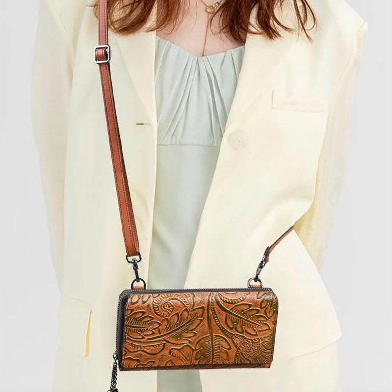 Johnature Phone Bag Retro Embossed Large Capacity Multi Card Women's Wallet Versatile Small Crossbody Bag