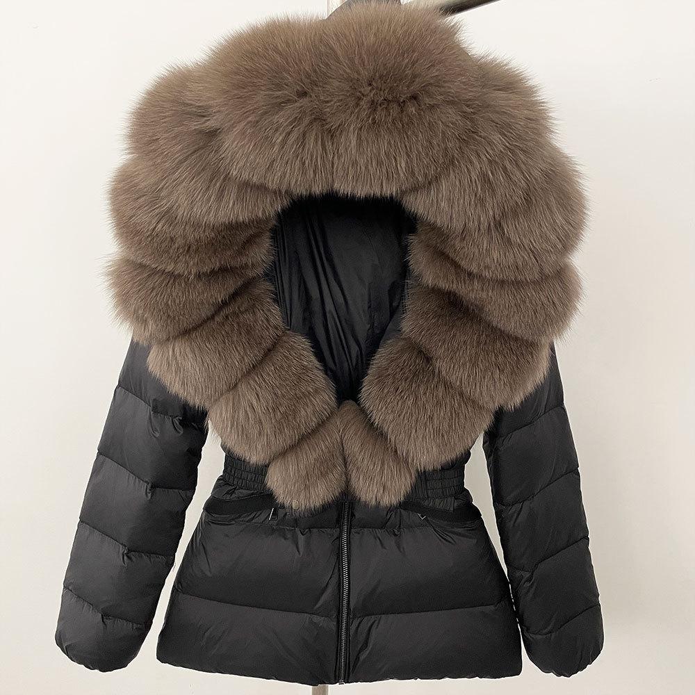 Winter new popular women's natural real fox fur collar white duck down jacket thickened waist slim down jacket