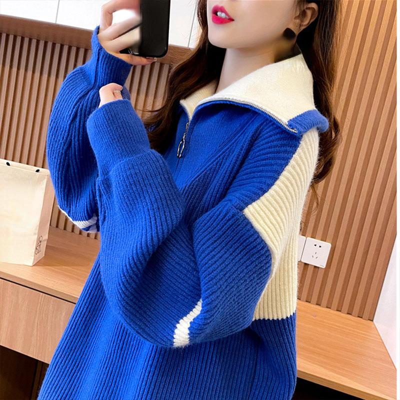 Sweaters Winter Autumn Oversize Women Zipper Pullover Full Sleeve Knitting Turtleneck Blue White Loose Sweater