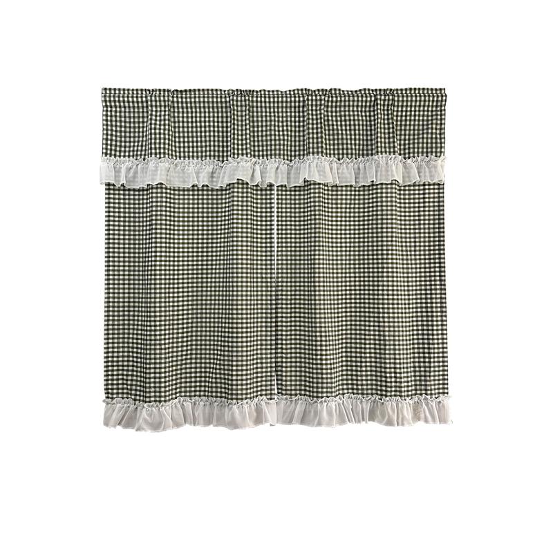 1 set van 3-delige Japanse Klassieke Groene Geruite Kleine Gordijnen met Witte Gerimpelde Kant voor Keuken Woonkamer en Boerderij W120 x H90cm 1set&S Rod Pocket