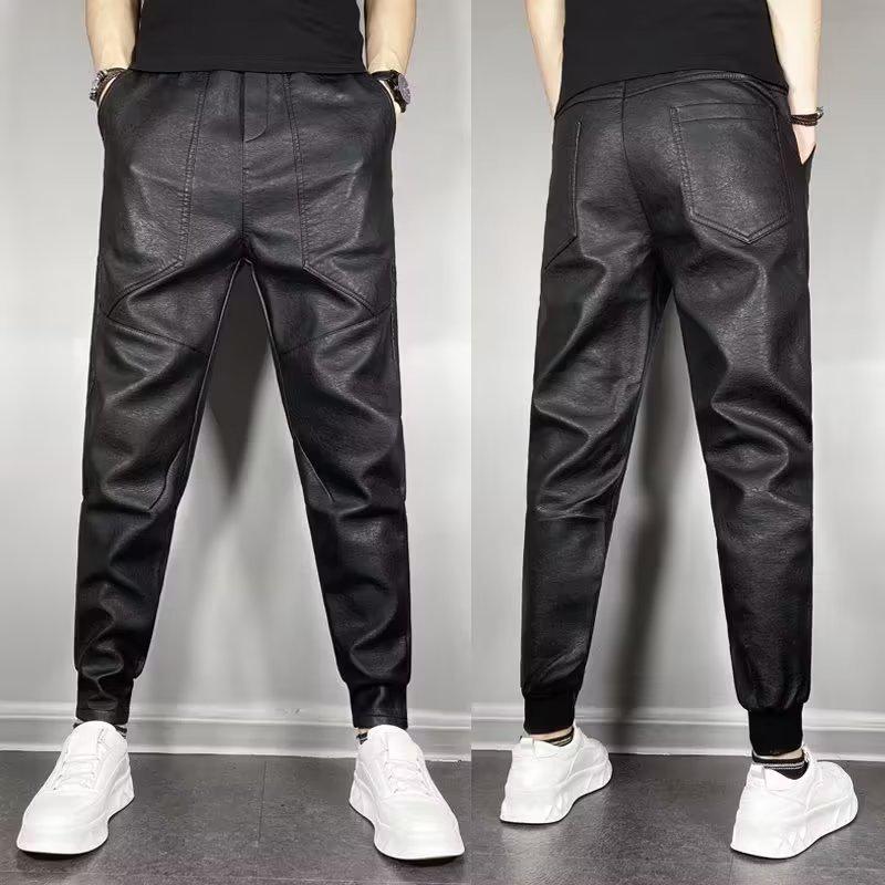 Men's Trendy Casual Elastic Slim-Fit Leather Motorcycle Harem Pants with Multi-Pockets for Fall/Winter.
